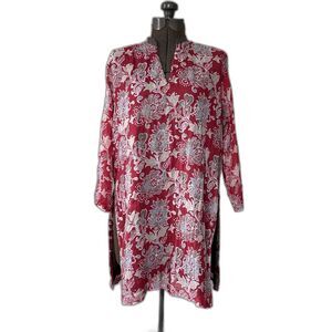 Anokhi Red Floral Block Print Long Tunic Top M/L Kurta Cotton Silk Blend India